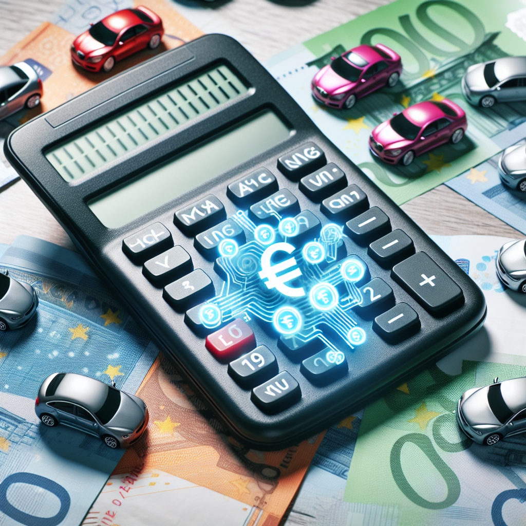 en digital kalkulator med bilikoner og norske kroner i bakgrunnen, symboliserer finansiering og budsjettering for bilkjøp