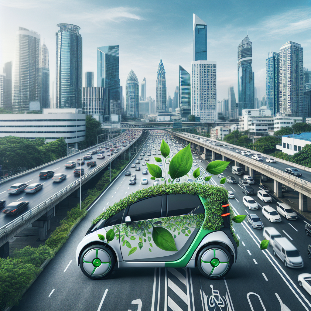An illustration of an electric car with green leaves symbolizing sustainability, set against a backdrop of a modern urban landscape.