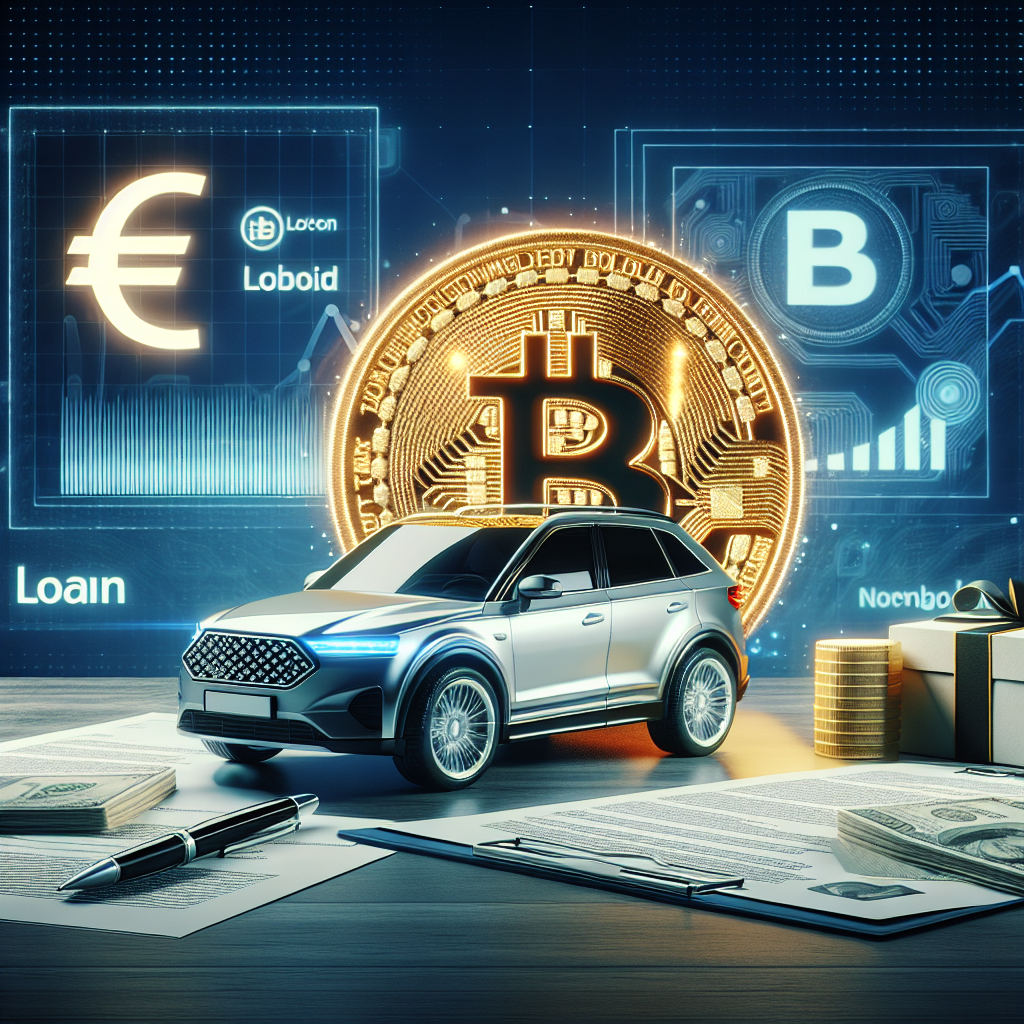 En moderne bil foran en digital bakgrunn med et gyllent Bitcoin-symbol, norske kroner og lånedokumenter, profesjonell og realistisk stil