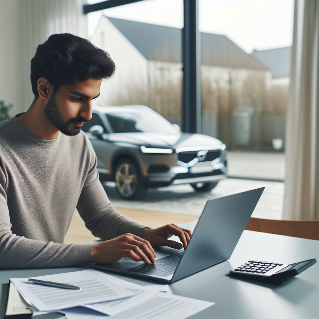 Moderne person som søker bilfinansiering på laptop, dokumenter på bordet, kalkulator, rolig lys, nordisk bil i bakgrunnen